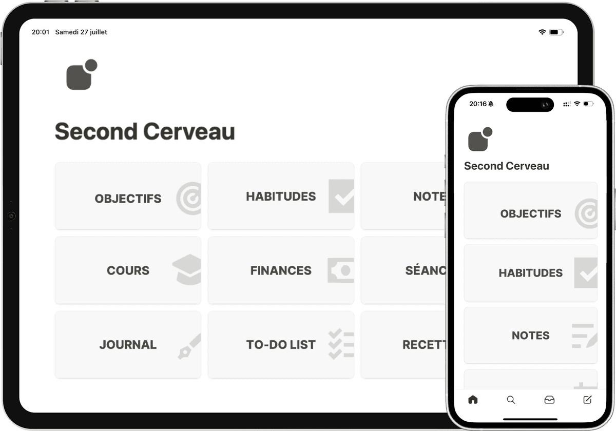 Aperçu du template Notion Second Cerveau sur iPad et iPhone